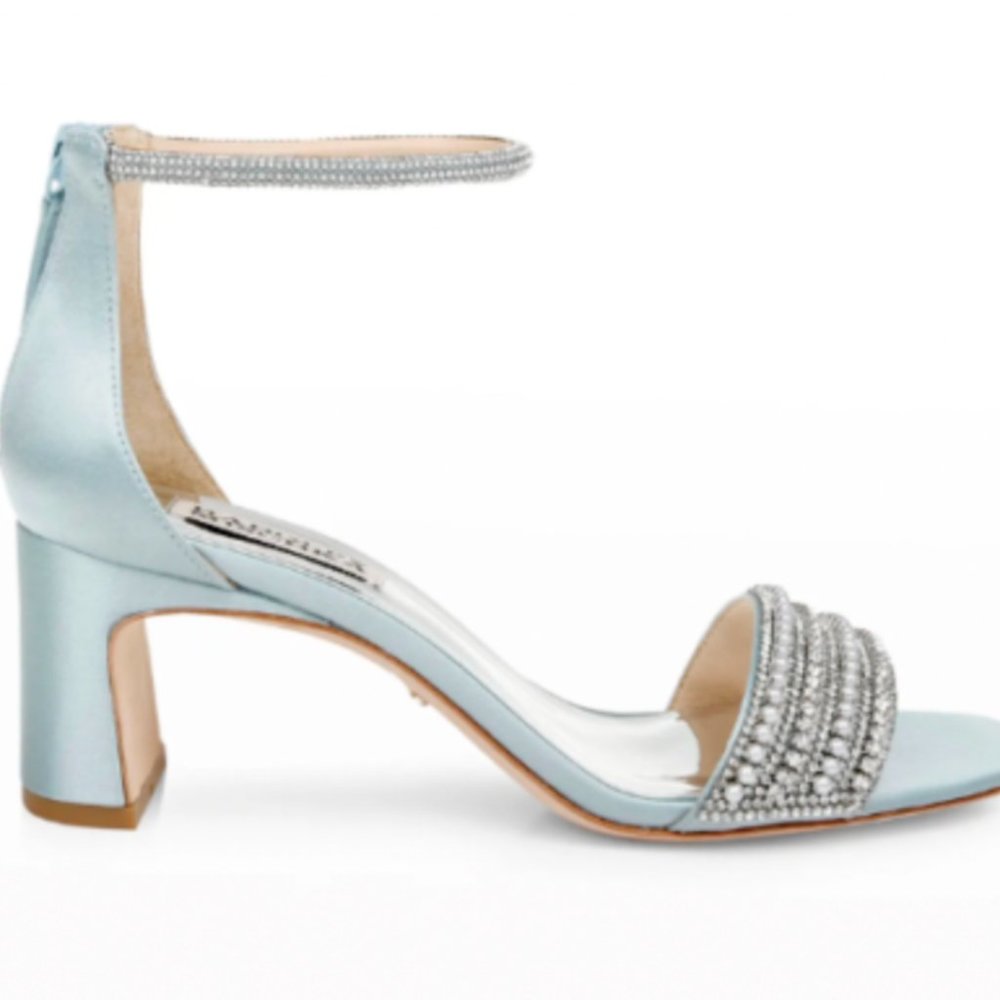 Badgley Mischka Kameryn satin beading Sandals Block Mist ice Blue Size 8m $235